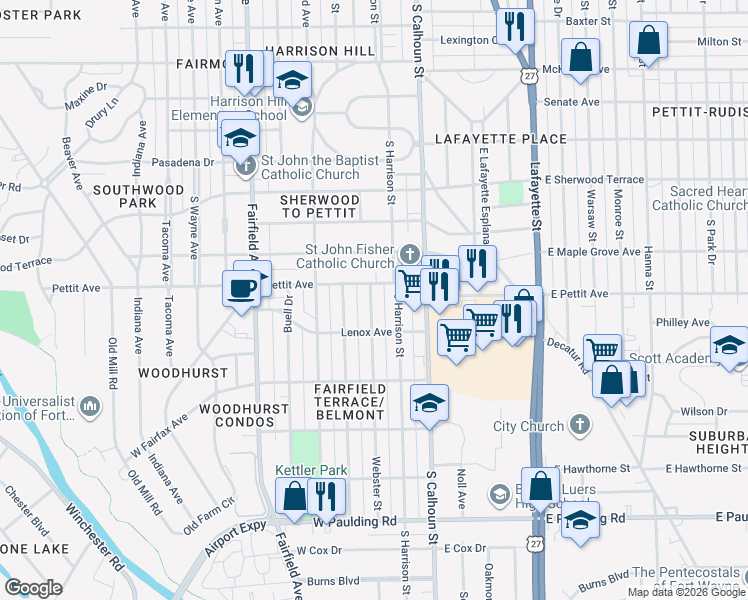 map of restaurants, bars, coffee shops, grocery stores, and more near 4912 Harrison Street in Fort Wayne