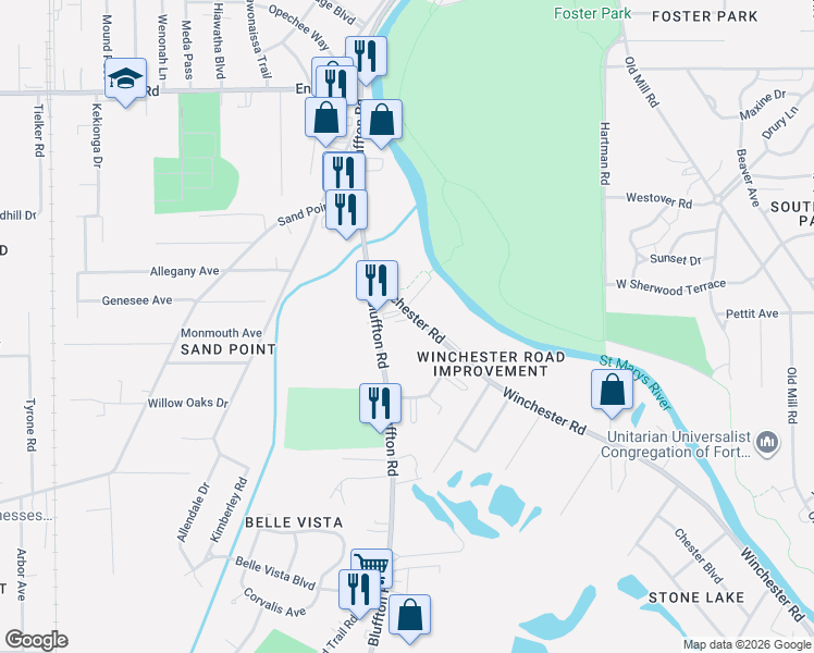 map of restaurants, bars, coffee shops, grocery stores, and more near 4960 Winchester Road in Fort Wayne