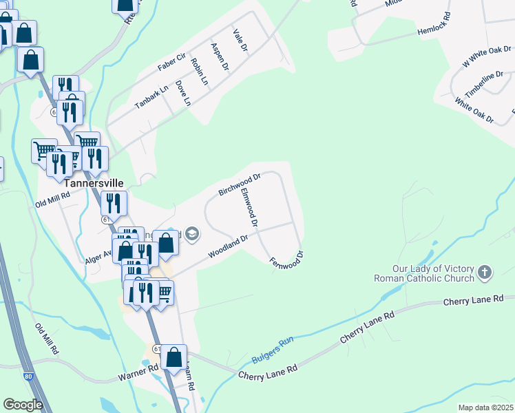 map of restaurants, bars, coffee shops, grocery stores, and more near 5514 Elmwood Drive in Tannersville