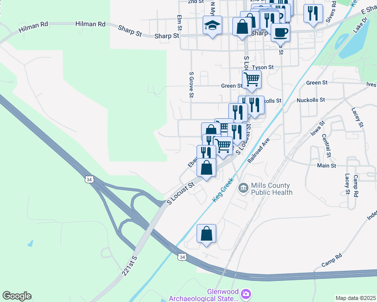 map of restaurants, bars, coffee shops, grocery stores, and more near 302 Ebaugh Street in Glenwood