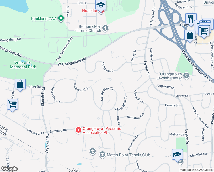 map of restaurants, bars, coffee shops, grocery stores, and more near 44 Minute Man Circle in Orangeburg