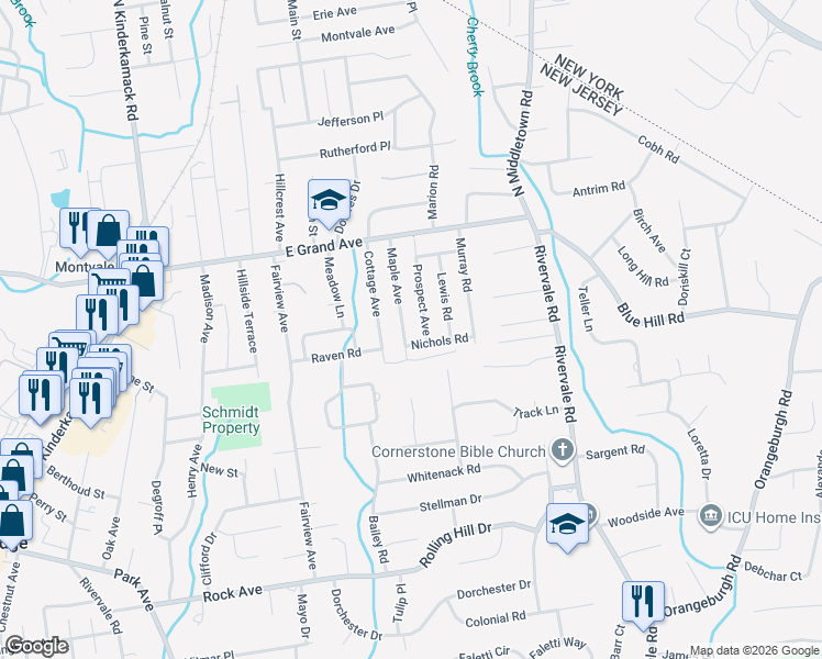 map of restaurants, bars, coffee shops, grocery stores, and more near 21 Prospect Avenue in Montvale