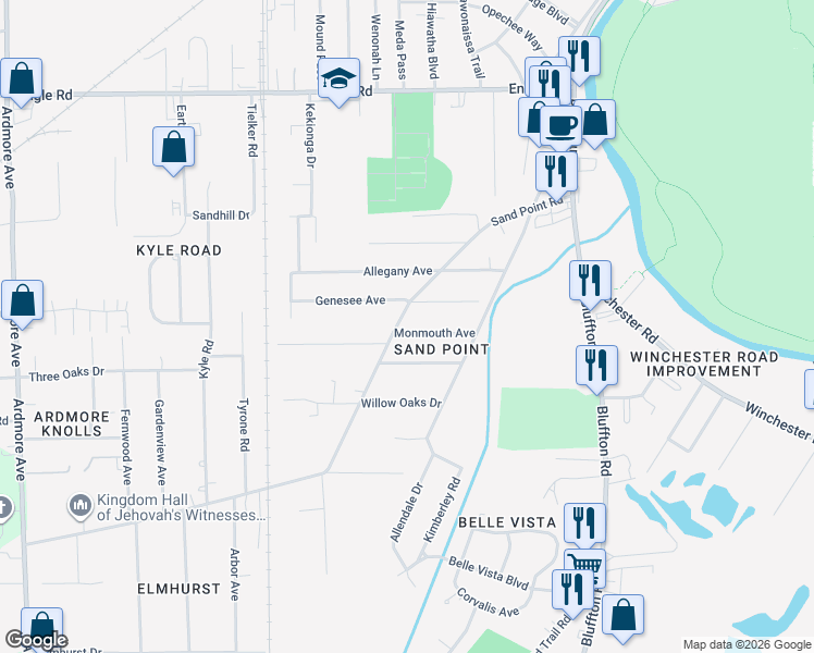 map of restaurants, bars, coffee shops, grocery stores, and more near 2626-2630 Sand Point Road in Fort Wayne