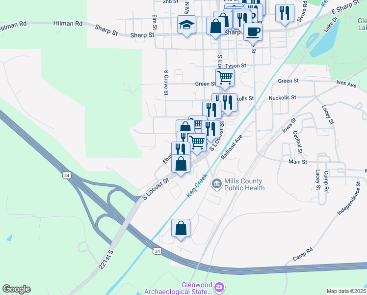 map of restaurants, bars, coffee shops, grocery stores, and more near 920 South Locust Street in Glenwood