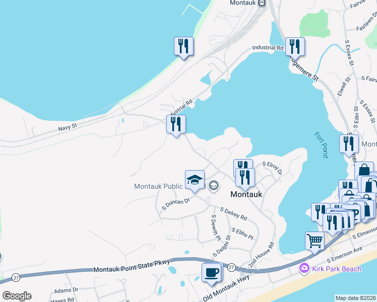 map of restaurants, bars, coffee shops, grocery stores, and more near 151 2nd House Road in Montauk