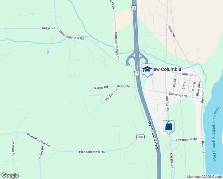 map of restaurants, bars, coffee shops, grocery stores, and more near Old Oak Road in New Columbia