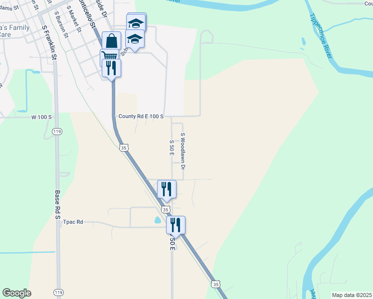 map of restaurants, bars, coffee shops, grocery stores, and more near 1140 South Woodlawn Drive in Winamac