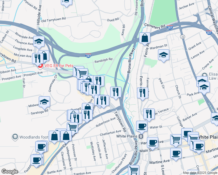 map of restaurants, bars, coffee shops, grocery stores, and more near 10 County Center Road in White Plains