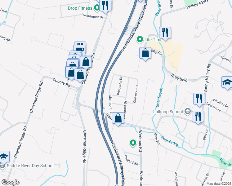 map of restaurants, bars, coffee shops, grocery stores, and more near 17 Harvard Court in Woodcliff Lake