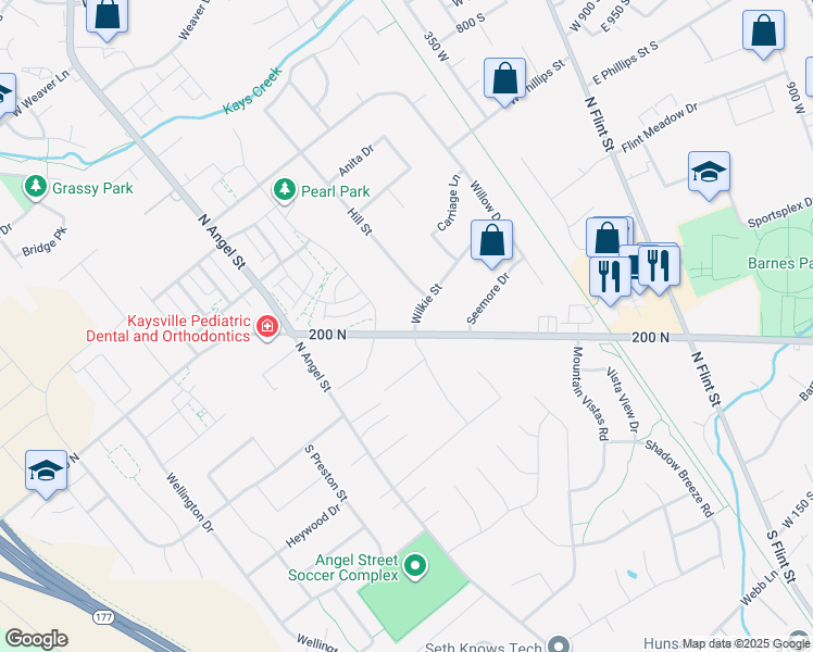 map of restaurants, bars, coffee shops, grocery stores, and more near 207 Wilkie Street in Kaysville