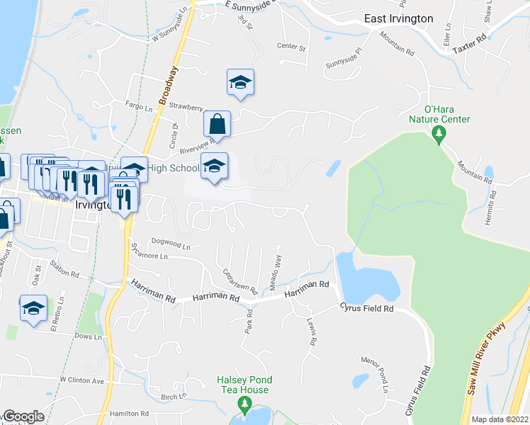 map of restaurants, bars, coffee shops, grocery stores, and more near 123 Fieldpoint Drive in Irvington