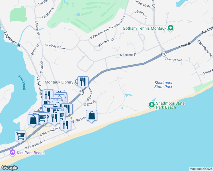 map of restaurants, bars, coffee shops, grocery stores, and more near 24 Fisher Place in Montauk