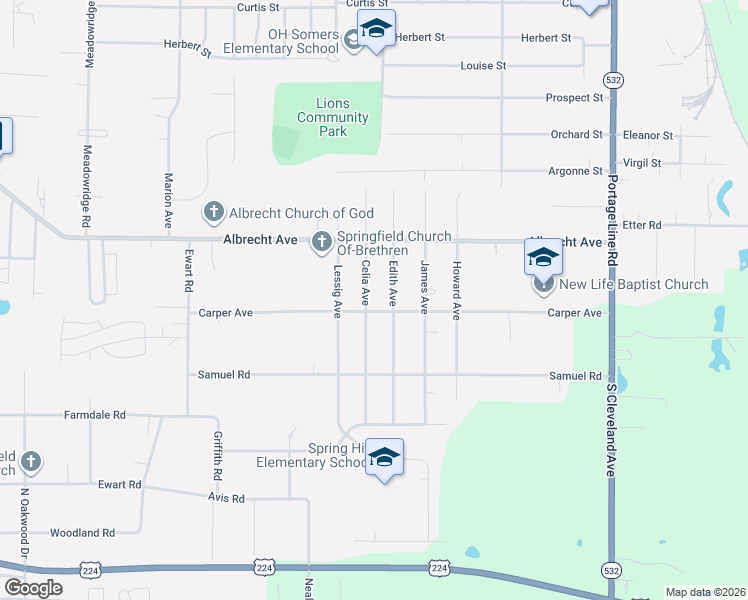 map of restaurants, bars, coffee shops, grocery stores, and more near 3407 Carper Avenue in Akron