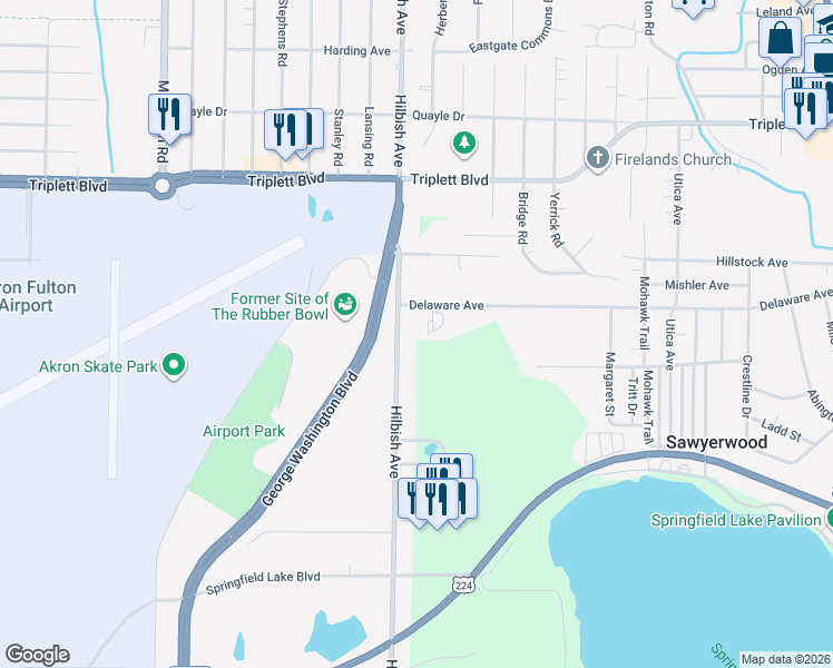 map of restaurants, bars, coffee shops, grocery stores, and more near 2054 Delaware Avenue in Akron