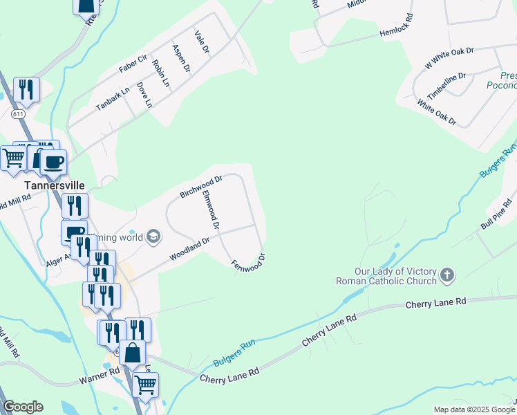 map of restaurants, bars, coffee shops, grocery stores, and more near 5313 Birchwood Drive in Tannersville