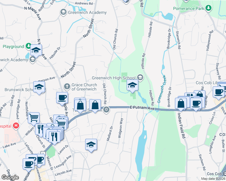 map of restaurants, bars, coffee shops, grocery stores, and more near 41 Old Church Road in Greenwich
