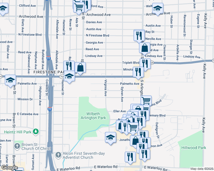 map of restaurants, bars, coffee shops, grocery stores, and more near 1231 Virginia Avenue in Akron