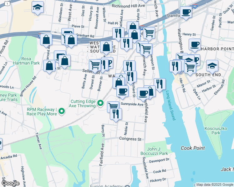 map of restaurants, bars, coffee shops, grocery stores, and more near 377 Fairfield Avenue in Stamford