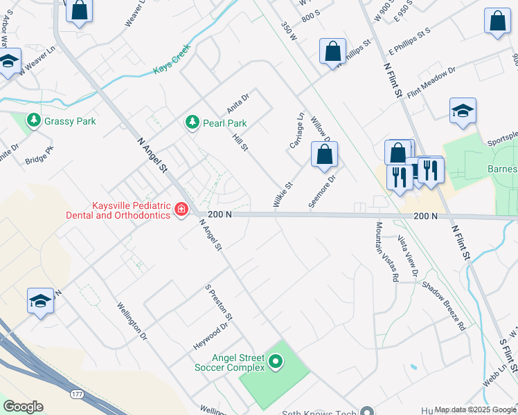 map of restaurants, bars, coffee shops, grocery stores, and more near 207 Wilkie Street in Kaysville