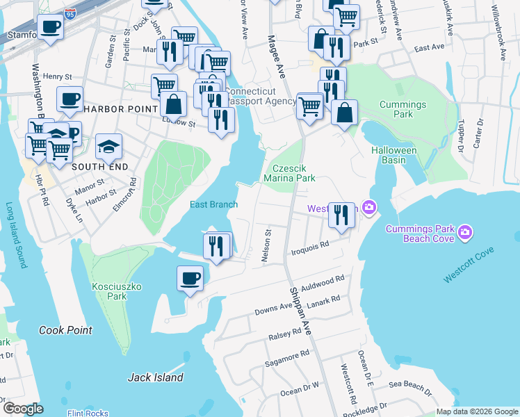 map of restaurants, bars, coffee shops, grocery stores, and more near 19 Mariners Lane in Stamford