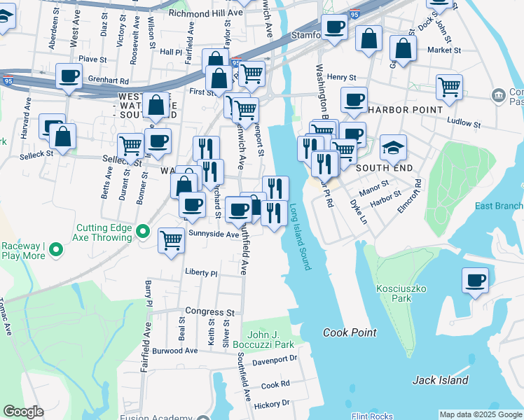 map of restaurants, bars, coffee shops, grocery stores, and more near 62 Southfield Avenue in Stamford