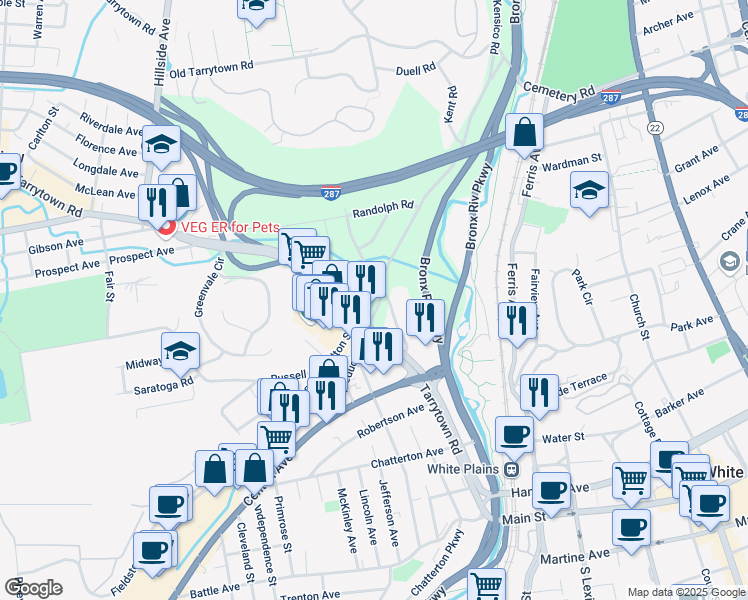 map of restaurants, bars, coffee shops, grocery stores, and more near 10 County Center Road in White Plains