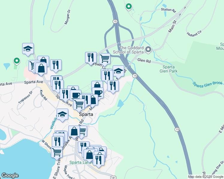 map of restaurants, bars, coffee shops, grocery stores, and more near 3 Village Lane in Sparta Township