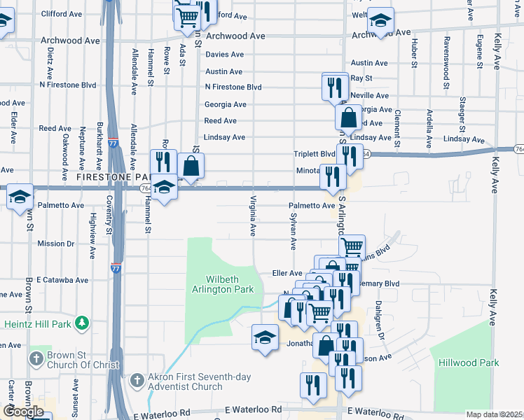 map of restaurants, bars, coffee shops, grocery stores, and more near 1231-1259 Virginia Avenue in Akron