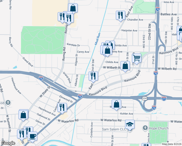 map of restaurants, bars, coffee shops, grocery stores, and more near 1385 Swinehart Avenue in Akron