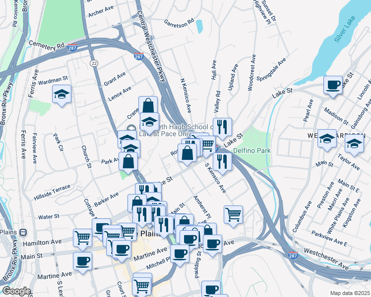 map of restaurants, bars, coffee shops, grocery stores, and more near 14 Ross Street in White Plains
