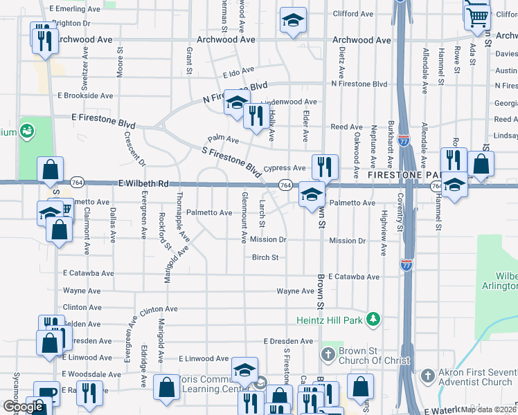 map of restaurants, bars, coffee shops, grocery stores, and more near 1584 Larch Street in Akron