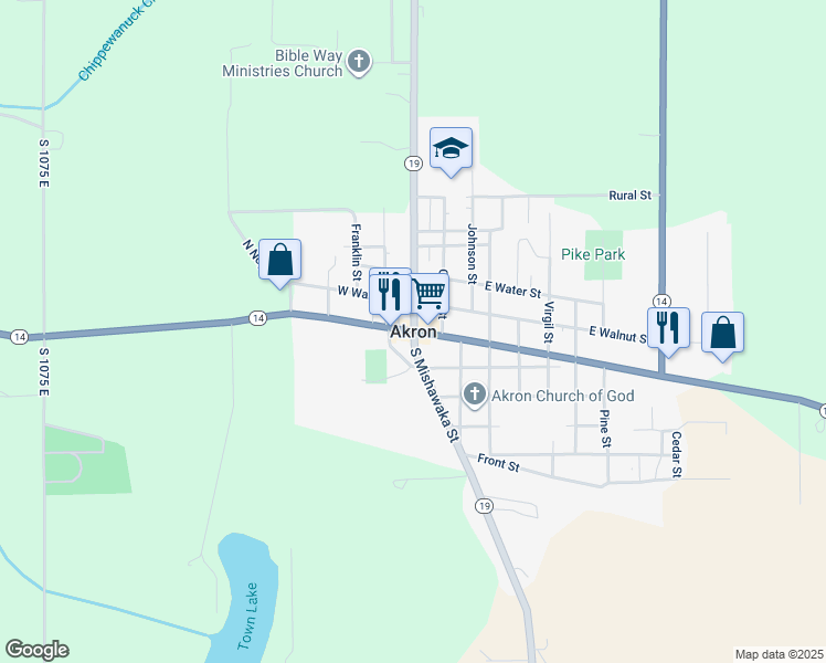 map of restaurants, bars, coffee shops, grocery stores, and more near in Akron