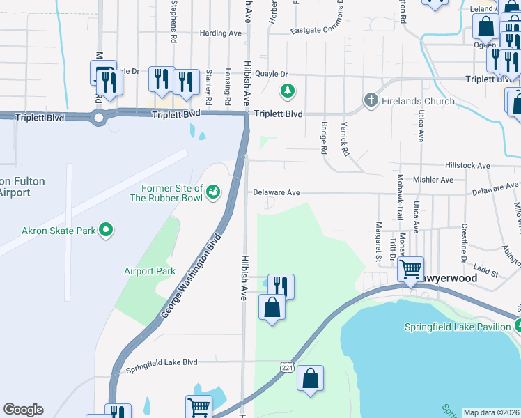 map of restaurants, bars, coffee shops, grocery stores, and more near 2054 Delaware Avenue in Akron