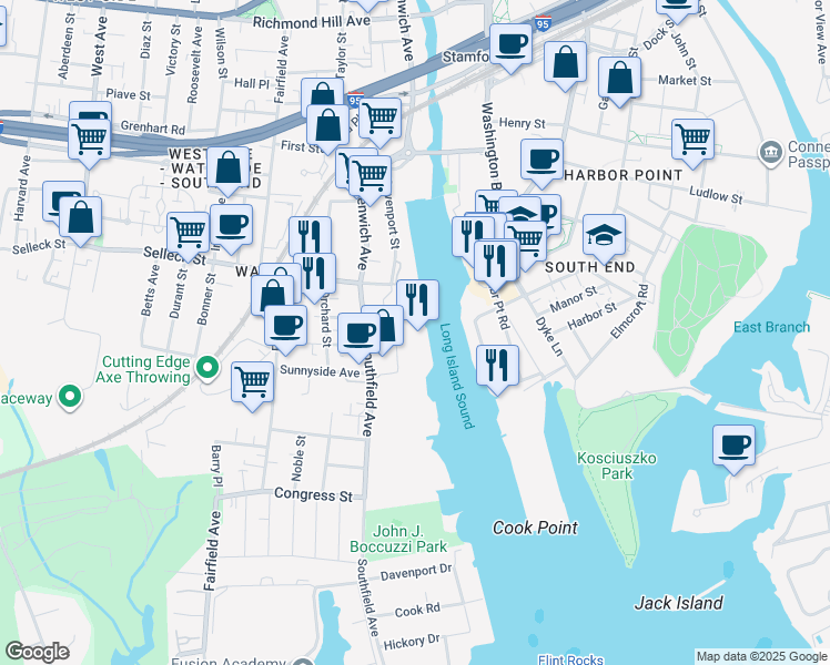 map of restaurants, bars, coffee shops, grocery stores, and more near 62 Southfield Avenue in Stamford