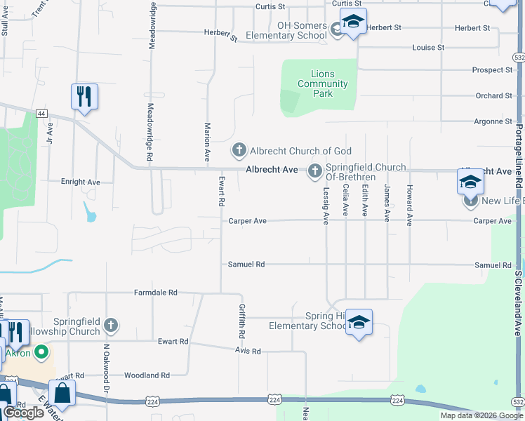 map of restaurants, bars, coffee shops, grocery stores, and more near 3237 Carper Avenue in Akron