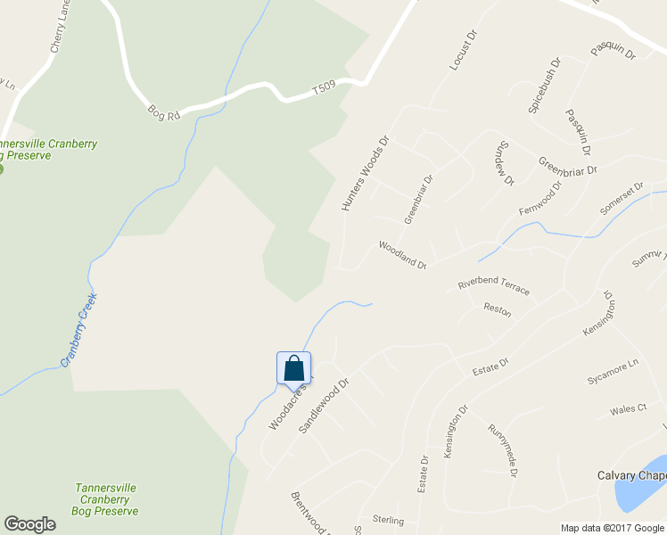 map of restaurants, bars, coffee shops, grocery stores, and more near Woodland Drive in East Stroudsburg