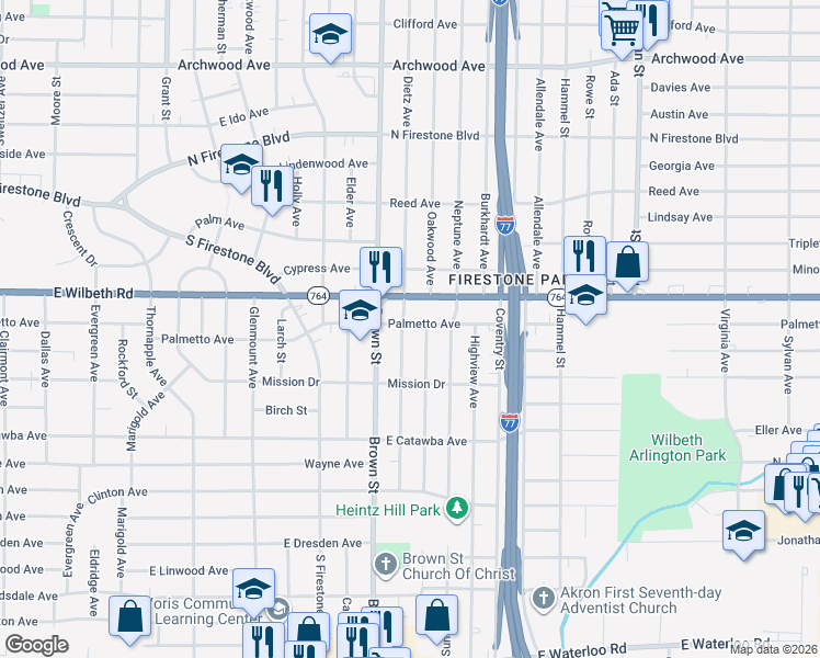 map of restaurants, bars, coffee shops, grocery stores, and more near 1559 Redwood Avenue in Akron