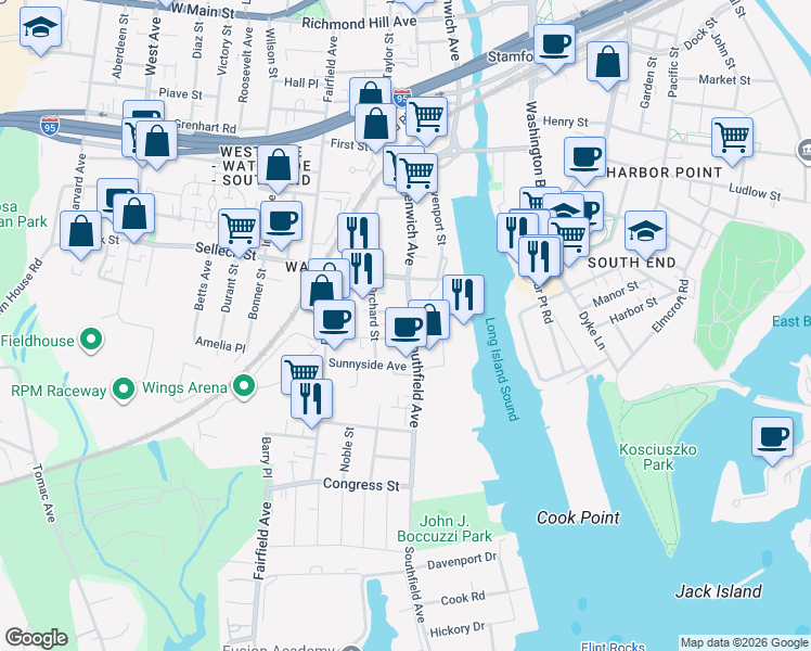 map of restaurants, bars, coffee shops, grocery stores, and more near 45 Southfield Avenue in Stamford