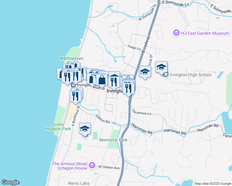 map of restaurants, bars, coffee shops, grocery stores, and more near 106 Main Street in Irvington