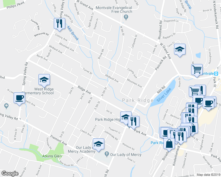 map of restaurants, bars, coffee shops, grocery stores, and more near 52 Louville Avenue in Park Ridge