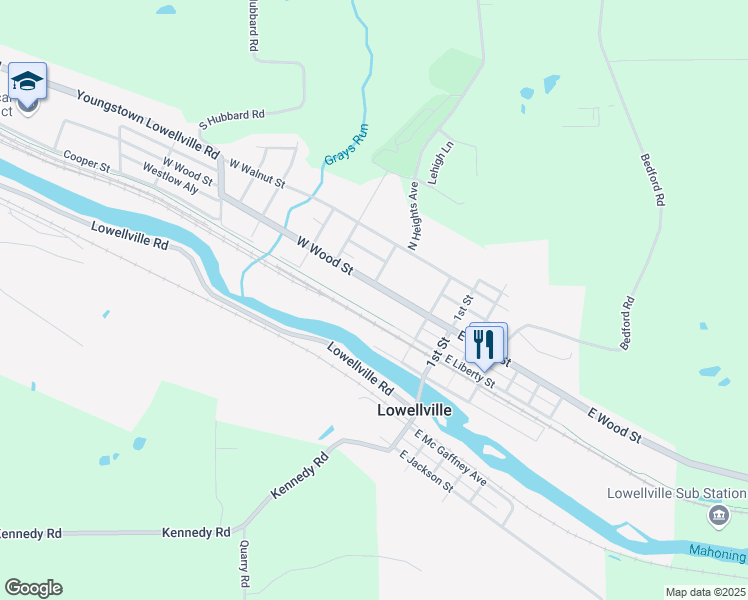 map of restaurants, bars, coffee shops, grocery stores, and more near 58 West Liberty Street in Lowellville
