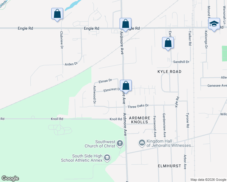 map of restaurants, bars, coffee shops, grocery stores, and more near 3925 Elmcrest Drive in Fort Wayne