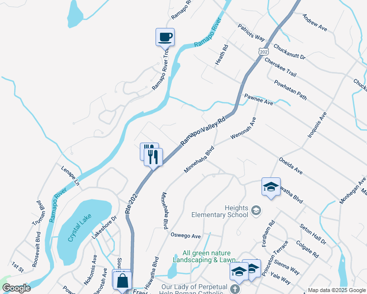map of restaurants, bars, coffee shops, grocery stores, and more near 626 U.S. 202 in Oakland
