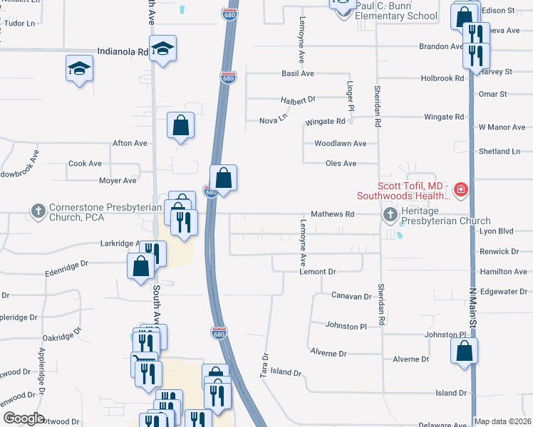 map of restaurants, bars, coffee shops, grocery stores, and more near 1747 Mathews Road in Youngstown