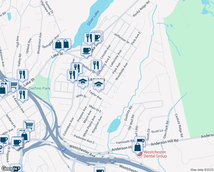 map of restaurants, bars, coffee shops, grocery stores, and more near 18 Woodside Avenue in Harrison