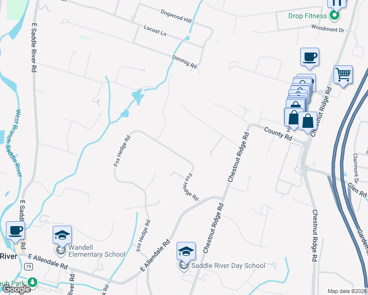 map of restaurants, bars, coffee shops, grocery stores, and more near 99 Fox Hedge Road in Saddle River