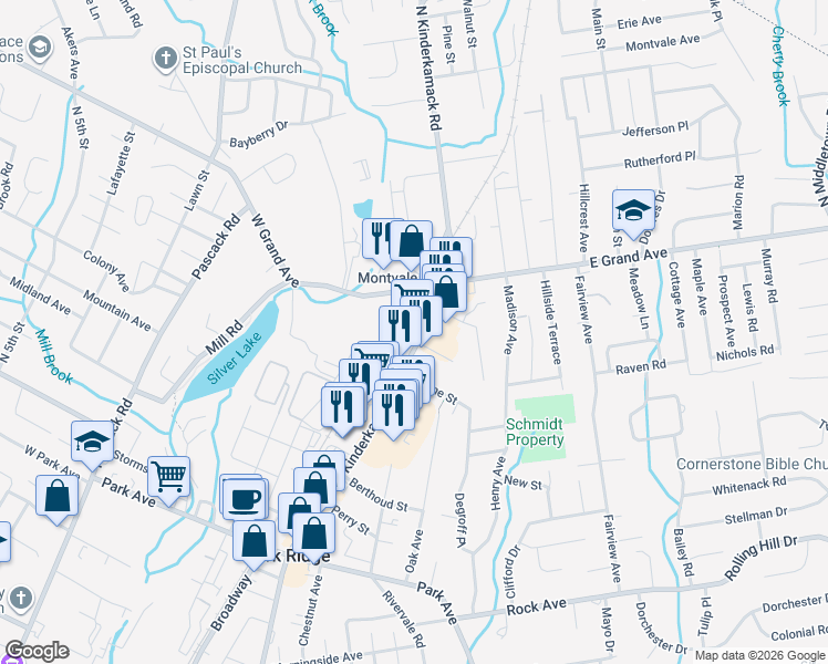 map of restaurants, bars, coffee shops, grocery stores, and more near 24 South Kinderkamack Road in Montvale