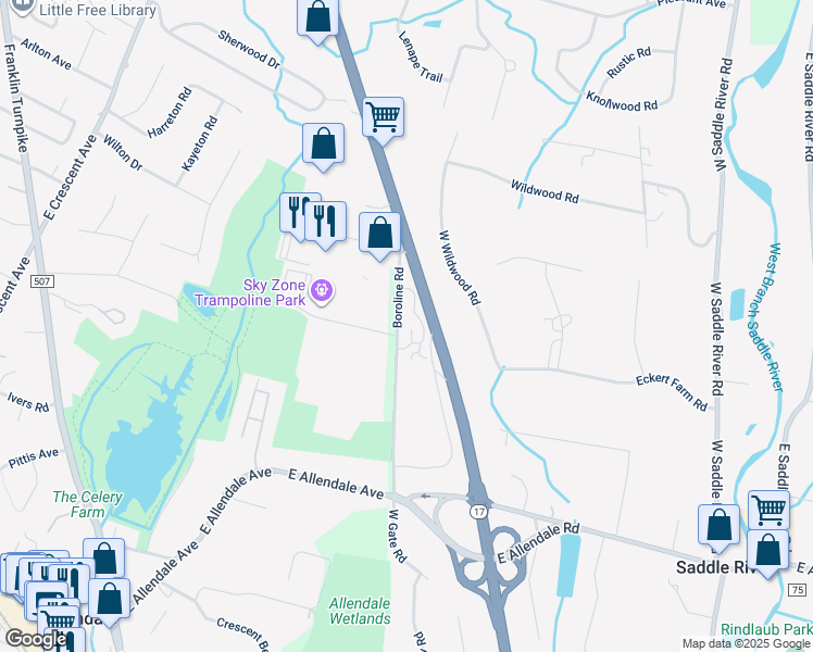 map of restaurants, bars, coffee shops, grocery stores, and more near 2 Packer Place in Saddle River