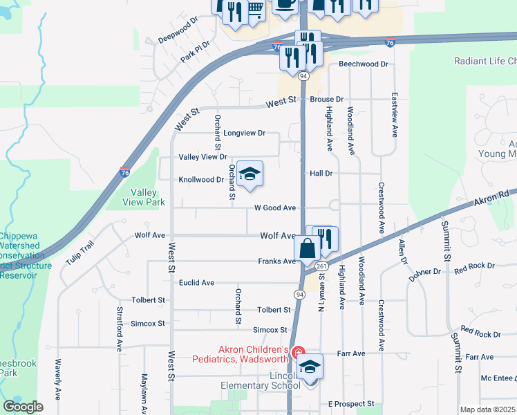 map of restaurants, bars, coffee shops, grocery stores, and more near 160 West Good Avenue in Wadsworth