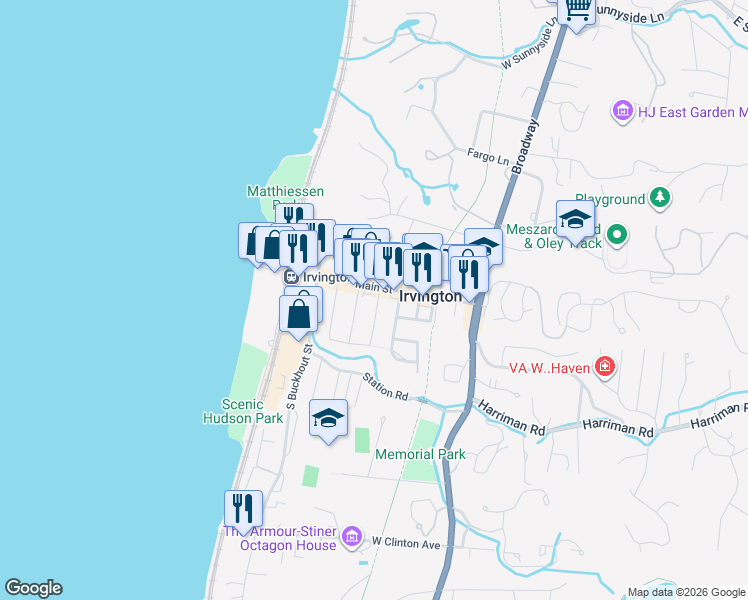 map of restaurants, bars, coffee shops, grocery stores, and more near 19 South Eckar Street in Irvington